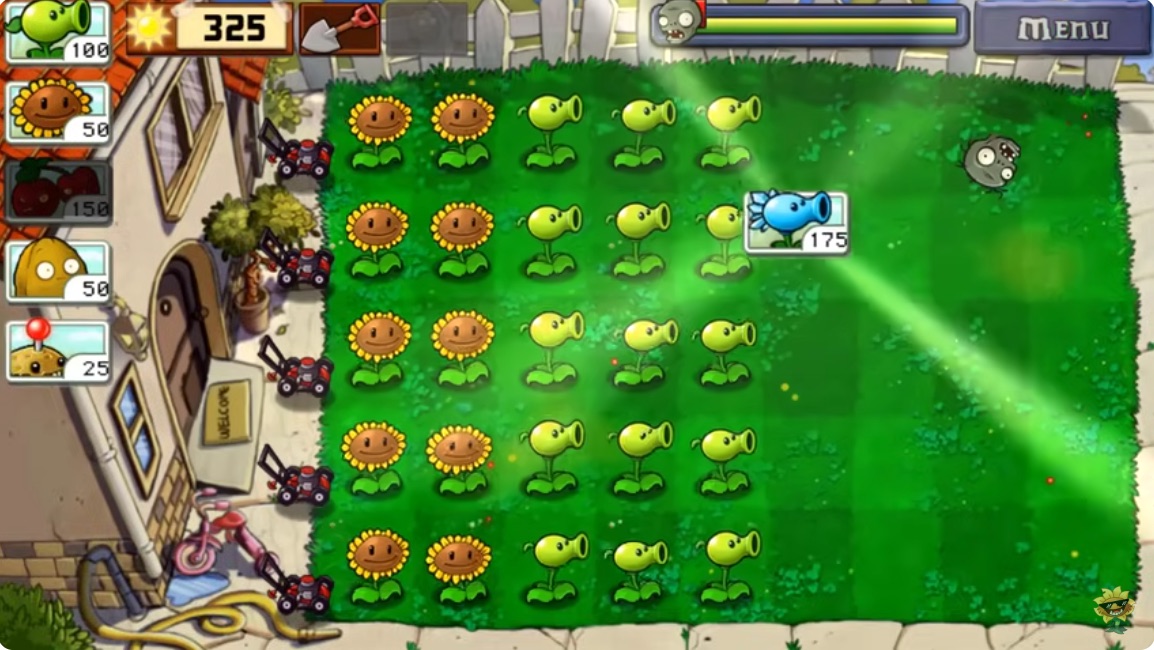 PVZ Hybrid daytime gameplay showing a plant selection effect across the lawn