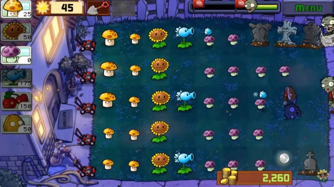 PVZ Hybrid night gameplay with hybrid mushrooms, sunflowers, and zombies on the lawn